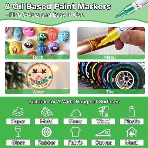 علامة بيضاء دائمة مقاومة للماء - 8 علامات طلاء بيضاء للأسطح المعدنية إطار ورق أسود من الخشب والبلاستيك والصخور، علامة بيضاء دائمة، علامات طلاء زيتية بيضاء متوسطة الطرف in Kuwait