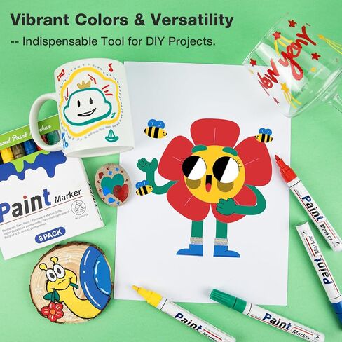 علامة بيضاء دائمة مقاومة للماء - 8 علامات طلاء بيضاء للأسطح المعدنية إطار ورق أسود من الخشب والبلاستيك والصخور، علامة بيضاء دائمة، علامات طلاء زيتية بيضاء متوسطة الطرف in Kuwait