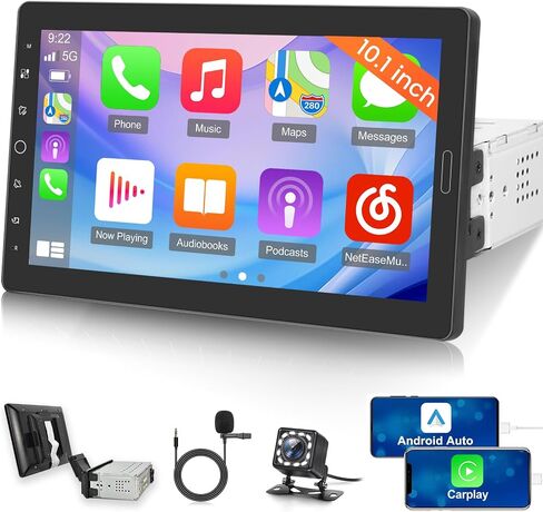NHOPEEW Single Din Touchscreen Radio with Carplay and Android Auto - 10.1 Inch Detachable Screen Car Stereo - Mirror Link/EQ Audio/SWC/Bluetooth/FM + 12 LEDs Backup Camera & MIC in Saudi Arabia
