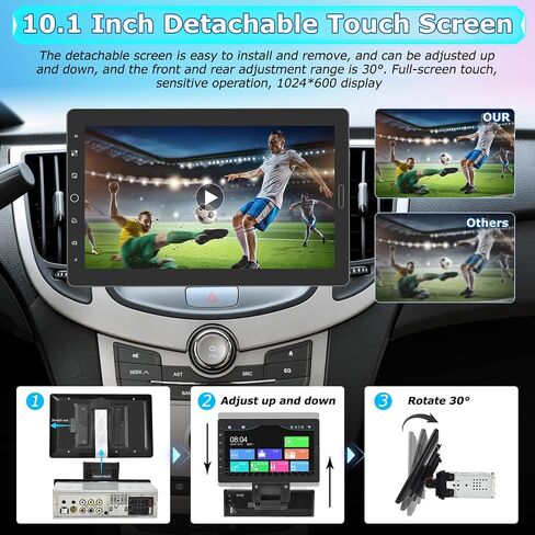 NHOPEEW Single Din Touchscreen Radio with Carplay and Android Auto - 10.1 Inch Detachable Screen Car Stereo - Mirror Link/EQ Audio/SWC/Bluetooth/FM + 12 LEDs Backup Camera & MIC in Saudi Arabia