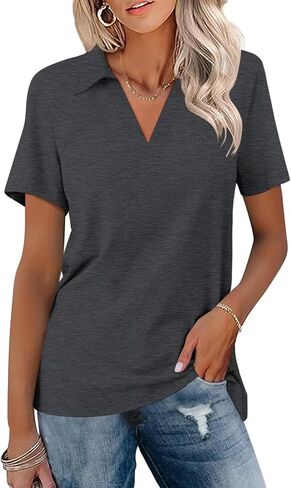 قمصان بولو نسائية من ORANDESIGNE بأكمام قصيرة ورقبة على شكل حرف V، قمصان صيفية بياقة كاجوال فضفاضة باللون الأرجواني in Kuwait