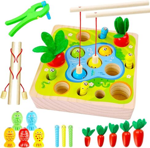 Wooden Magnetic Fishing Game, Carrot Harvest Catching Worm Toy, Toddler Fine Motor Skills Toys, Montessori Preschool Learning 3 in 1 Fishing Sorting Toys Gift for Children Kids (Fishing Game) in Saudi Arabia