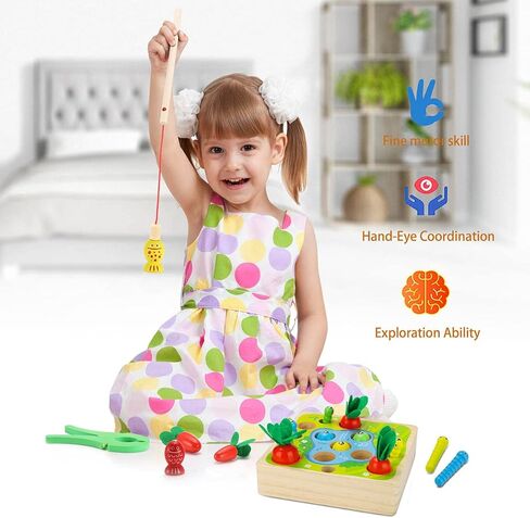 Wooden Magnetic Fishing Game, Carrot Harvest Catching Worm Toy, Toddler Fine Motor Skills Toys, Montessori Preschool Learning 3 in 1 Fishing Sorting Toys Gift for Children Kids (Fishing Game) in Saudi Arabia