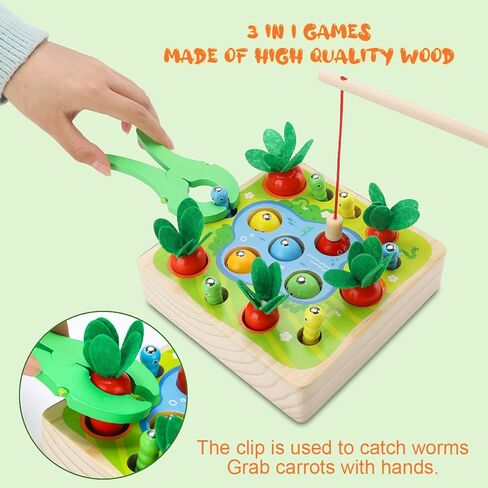 Wooden Magnetic Fishing Game, Carrot Harvest Catching Worm Toy, Toddler Fine Motor Skills Toys, Montessori Preschool Learning 3 in 1 Fishing Sorting Toys Gift for Children Kids (Fishing Game) in Saudi Arabia