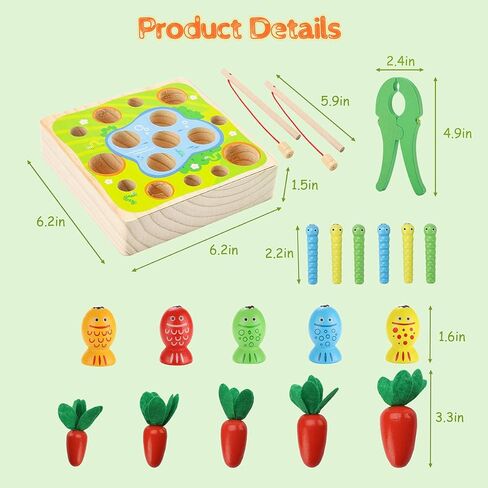 Wooden Magnetic Fishing Game, Carrot Harvest Catching Worm Toy, Toddler Fine Motor Skills Toys, Montessori Preschool Learning 3 in 1 Fishing Sorting Toys Gift for Children Kids (Fishing Game) in Saudi Arabia