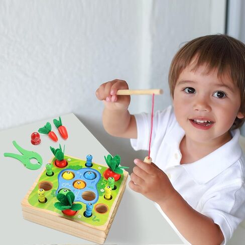 Wooden Magnetic Fishing Game, Carrot Harvest Catching Worm Toy, Toddler Fine Motor Skills Toys, Montessori Preschool Learning 3 in 1 Fishing Sorting Toys Gift for Children Kids (Fishing Game) in Saudi Arabia