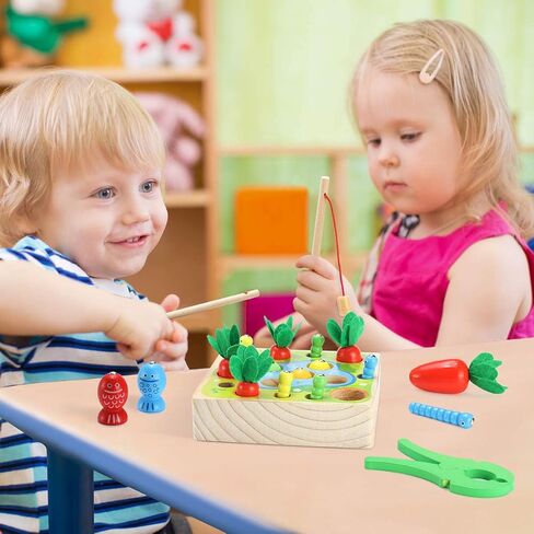 Wooden Magnetic Fishing Game, Carrot Harvest Catching Worm Toy, Toddler Fine Motor Skills Toys, Montessori Preschool Learning 3 in 1 Fishing Sorting Toys Gift for Children Kids (Fishing Game) in Saudi Arabia