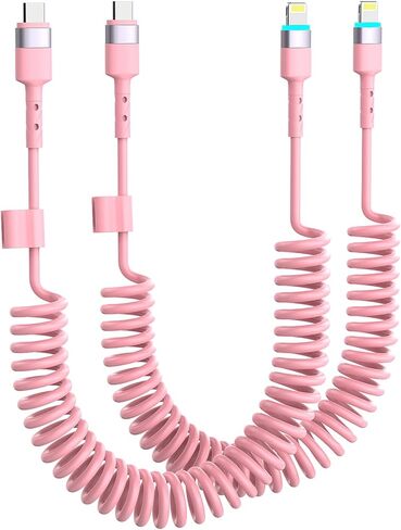 Coiled Lightning Cable, 2 Pack Pink iPhone Car Charger Cords with Carplay, [Apple MFi Certified] Stretch Short iPhone Fast Charging Cords for iPhone 14/13/12/11 Pro Max/XR/XS/X/8/7/iPad in Saudi Arabia