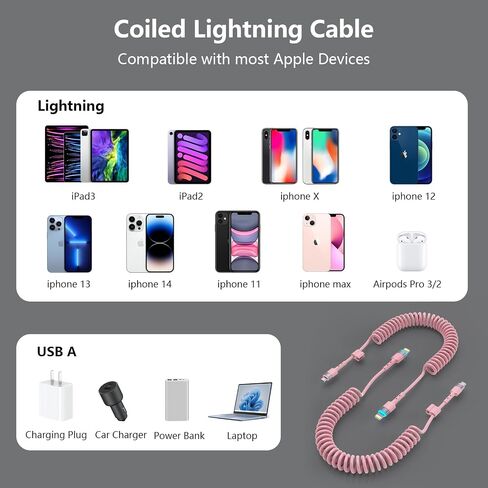 Coiled Lightning Cable, 2 Pack Pink iPhone Car Charger Cords with Carplay, [Apple MFi Certified] Stretch Short iPhone Fast Charging Cords for iPhone 14/13/12/11 Pro Max/XR/XS/X/8/7/iPad in Saudi Arabia