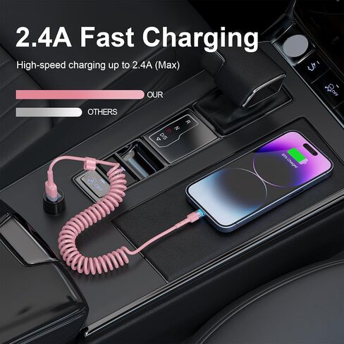 Coiled Lightning Cable, 2 Pack Pink iPhone Car Charger Cords with Carplay, [Apple MFi Certified] Stretch Short iPhone Fast Charging Cords for iPhone 14/13/12/11 Pro Max/XR/XS/X/8/7/iPad in Saudi Arabia