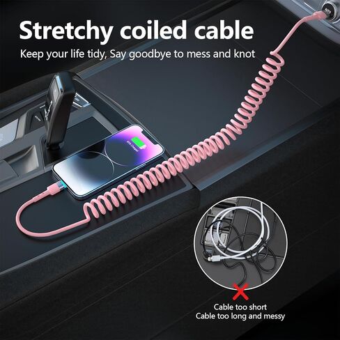 Coiled Lightning Cable, 2 Pack Pink iPhone Car Charger Cords with Carplay, [Apple MFi Certified] Stretch Short iPhone Fast Charging Cords for iPhone 14/13/12/11 Pro Max/XR/XS/X/8/7/iPad in Saudi Arabia