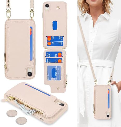 Cavor for iPhone Xr Case with Card Holder,iPhone Xr Wallet Case for Women,Phone Case iPhone Xr Case with Strap,Crossbody Lanyard and Wristlet,Leather Zipper Pocket Case-Cream in Saudi Arabia