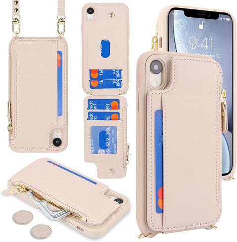 Cavor for iPhone Xr Case with Card Holder,iPhone Xr Wallet Case for Women,Phone Case iPhone Xr Case with Strap,Crossbody Lanyard and Wristlet,Leather Zipper Pocket Case-Cream in Saudi Arabia