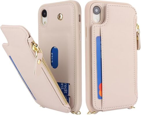 Cavor for iPhone Xr Case with Card Holder,iPhone Xr Wallet Case for Women,Phone Case iPhone Xr Case with Strap,Crossbody Lanyard and Wristlet,Leather Zipper Pocket Case-Cream in Saudi Arabia