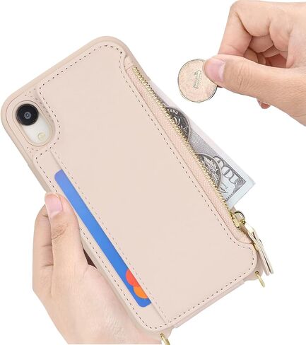Cavor for iPhone Xr Case with Card Holder,iPhone Xr Wallet Case for Women,Phone Case iPhone Xr Case with Strap,Crossbody Lanyard and Wristlet,Leather Zipper Pocket Case-Cream in Saudi Arabia