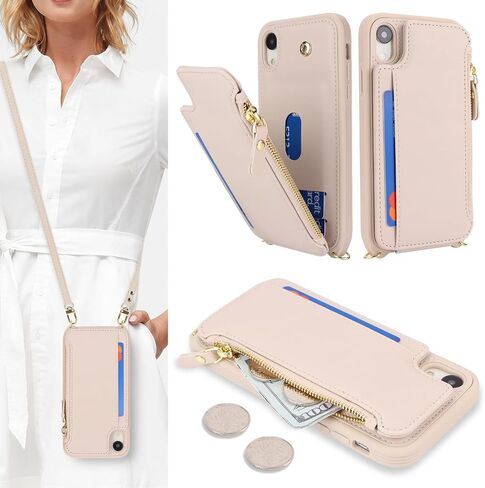 Cavor for iPhone Xr Case with Card Holder,iPhone Xr Wallet Case for Women,Phone Case iPhone Xr Case with Strap,Crossbody Lanyard and Wristlet,Leather Zipper Pocket Case-Cream in Saudi Arabia