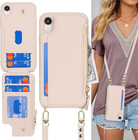 Cavor for iPhone Xr Case with Card Holder,iPhone Xr Wallet Case for Women,Phone Case iPhone Xr Case with Strap,Crossbody Lanyard and Wristlet,Leather Zipper Pocket Case-Cream in Saudi Arabia