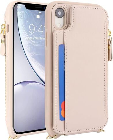 Cavor for iPhone Xr Case with Card Holder,iPhone Xr Wallet Case for Women,Phone Case iPhone Xr Case with Strap,Crossbody Lanyard and Wristlet,Leather Zipper Pocket Case-Cream in Saudi Arabia