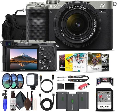 Sony Alpha a7C Mirrorless Digital Camera with 28-60mm Lens (Silver) (ILCE7CL/B) w/ 64GB Memory Card, 2 x NP-FZ-100 Battery, Photo Editing Software, Case, External Charger, Card Reader and More in Saudi Arabia
