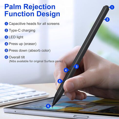 قلم لمس لجهاز Microsoft Surface - ضغط إمالة 4096 + غطاء قلم شاشة تعمل باللمس + عمر بطارية 75 يومًا، قلم عمل لجهاز Surface Pro 9/8/7/6/5/4/3/X، Surface Go 3/Book 4/Book 3/ لاب توب 5 / لاب توب 4/3 / ستوديو 2 in Kuwait