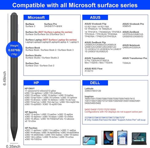 قلم لمس لجهاز Microsoft Surface - ضغط إمالة 4096 + غطاء قلم شاشة تعمل باللمس + عمر بطارية 75 يومًا، قلم عمل لجهاز Surface Pro 9/8/7/6/5/4/3/X، Surface Go 3/Book 4/Book 3/ لاب توب 5 / لاب توب 4/3 / ستوديو 2 in Kuwait
