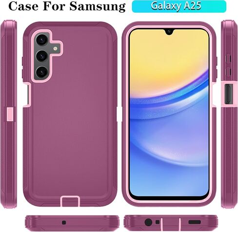 حافظة هاتف Qinmay لهاتف Samsung Galaxy A25 5G مع واقي شاشة HD، حافظة هاتف متينة مقاومة للصدمات والسقوط من 3 طبقات لهاتف Galaxy A25 (WineRedPink) in Kuwait