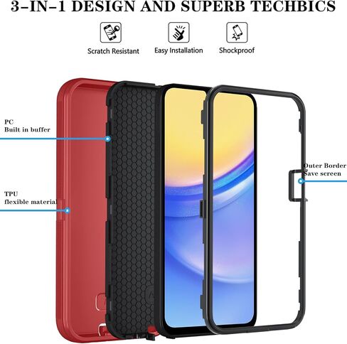 حافظة هاتف Qinmay لهاتف Samsung Galaxy A25 5G مع واقي شاشة HD، حافظة هاتف متينة مقاومة للصدمات والسقوط من 3 طبقات لهاتف Galaxy A25 (WineRedPink) in Kuwait