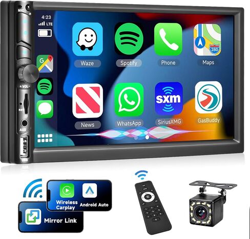 Upgrade Wireless Double Din Radio with Wireless Car Play Android Auto, 7 Inch HD Touch Screen Car Stereo, Bluetooth 5.1, Subwoofer, Mirror Link, FM, SWC+HD Backup Camara in Saudi Arabia