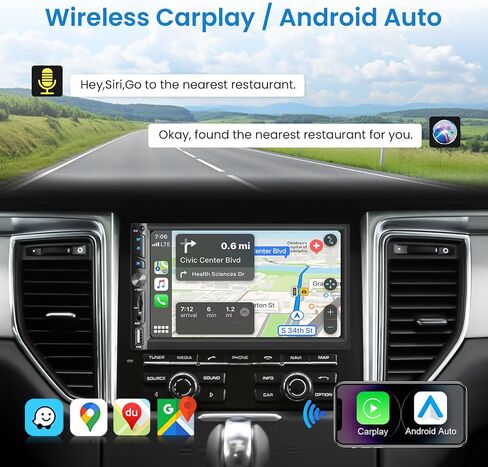 Upgrade Wireless Double Din Radio with Wireless Car Play Android Auto, 7 Inch HD Touch Screen Car Stereo, Bluetooth 5.1, Subwoofer, Mirror Link, FM, SWC+HD Backup Camara in Saudi Arabia