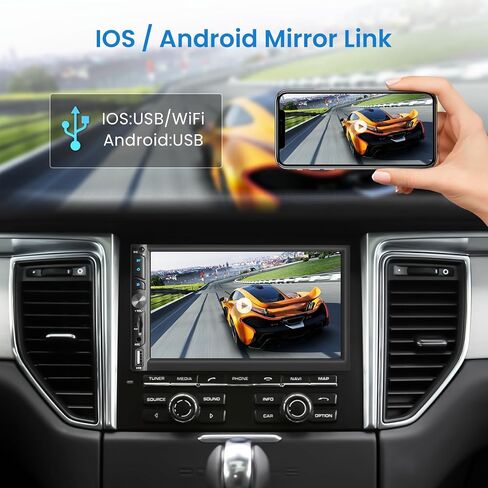 Upgrade Wireless Double Din Radio with Wireless Car Play Android Auto, 7 Inch HD Touch Screen Car Stereo, Bluetooth 5.1, Subwoofer, Mirror Link, FM, SWC+HD Backup Camara in Saudi Arabia