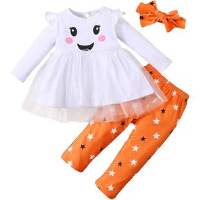 Toddler Baby Girl Halloween Outfits Long Sleeve Smiling Face Ruffle T-Shirt Tops Pants Headband Fall Clothes Sets