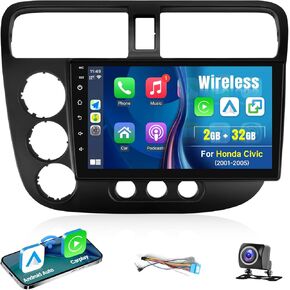 Leadfan Car Stereo for Honda Civic 2001 2002 2003 2004 2005 with Wireless CarPlay/Android Auto/MirrorLink，9" Android Touch Screen Bluetooth Radio with GPS/WiFi/AHD Backup Camera/SWC