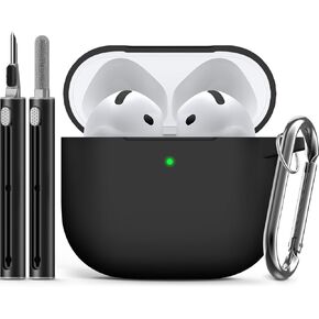 for AirPods 4 Case Cover (2024) with Cleaner Kit,Soft Silicone Protective Case for Apple AirPods 4th Generation Case for Women Men,AirPods 4th Case Accessories with Keychain-Black
