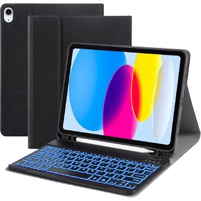 Keyboard Case for iPad 10.9 inch 10th Generation 2022, Built-in Pencil Holder, iPad 10th Gen Case with Keyboard, Multi-Angle,Backlit Wireless Detachable Keyboard, Flip Stand Cover, Black