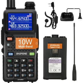 BAOFENG 5RM 10W (Upgrade of UV-5R) Ham Radio Long Range, Portable Multi-Band Two Way Walkie Talkies, UV-5RM Handheld Radio with NOAA Weather Receiver and 2500mAh Type-C Port Battery