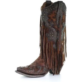 CORRAL Women's A3618 13" Leopard Stud and Fringe Snip Toe Handmade Pull-On Fashionable Leather Western Cowboy/Cowgirl Boots
