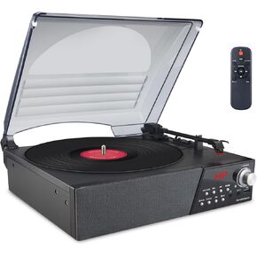LUXSWAY Record Player, Turntable with Stereo Speakers for Vinyl Records, Vintage Bluetooth 3-Speed Belt Drive, Remote Control, FM Radio/USB Playback/RCA Line-Out/AUX-in/Headphone Jack, Black