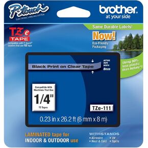 Genuine Brother 1/4" (6mm) Black on Clear TZe P-touch Tape for Brother PT-1830, PT1830 Label Maker