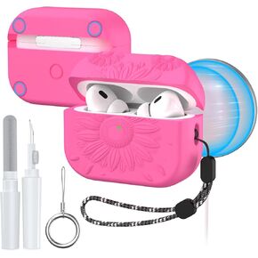 for AirPods Pro 2nd/1st Generation Case, Magnetic Lid Compatible with MagSafe, Flower Engraved Airpods Pro 2&1 Gen Soft Silicone Protective Cover with Cleaner Kit&Keychain&Lanyard(Pine Green)
