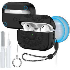 لحافظة AirPods Pro الجيل الثاني/الأول، غطاء مغناطيسي متوافق مع MagSafe، غطاء حماية من السيليكون الناعم منقوش عليه زهور Airpods Pro 2&1 Gen مع مجموعة أدوات تنظيف وسلسلة مفاتيح وحبل (أخضر صنوبر)