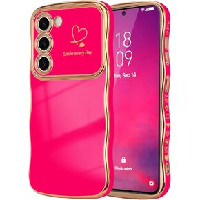 LCHULLE for Samsung Galaxy S24 Ultra Case for Women Girls, Cute Wave Frame Curly Shape with Love Heart Raised Camera Protection Luxury Plating Shockproof Phone Case for Galaxy S24 Ultra 5G,Dark Purple