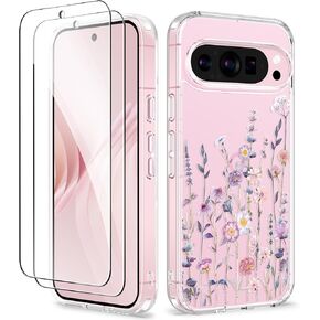 GVIEWIN for Google Pixel 9 Case/Pixel 9 Pro Case, [2X Screen Protector] [Military Grade Protection] Clear Floral Slim Shockproof Protective Women Phone Case Cover for Pixel 9 (Floratopia/Colorful)