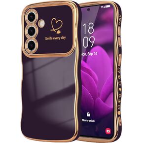 LCHULLE for Samsung Galaxy S24 Ultra Case for Women Girls, Cute Wave Frame Curly Shape with Love Heart Raised Camera Protection Luxury Plating Shockproof Phone Case for Galaxy S24 Ultra 5G,Dark Purple in Kuwait