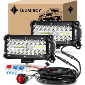 7 Inch LED Light Bar Kit with Round Toggle Switch Wire Harness 2 Lead White LED Pod Lights Triple Rows Spot Flood Combo Beam Waterproof Off Road Lights for Jeep Truck ATV SUV UTV Boat