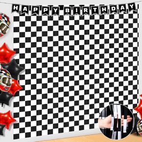 2 Pack Race Car Backdrops Birthday Party Decorations Checkered Backdrops Black White Tinsel Streamers Foil Fringe for Racing Car Fast Boy Wheels Lightning Birthday Party Banner Decoration