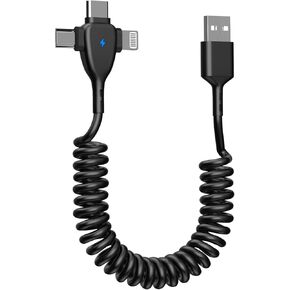 Coiled iPhone 16 Charger Cord,[MFi Certified] 3 in 1 Retractable Portable iPhone Fast Charger Cable Compatible with Lightning/USB Type C/Micro USB for iPhone 16 15 14 13 12 11 XS XR X 8 7 6 5 iPad in Kuwait