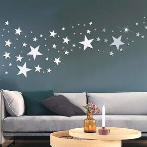 80 Pcs Silver Stars Acrylic Mirror Wall Stickers with Adhesive Art Decal Satin Paper Baby Kids Bedroom Home DIY Decor Removable Stickers