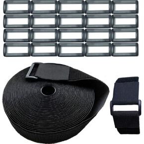 Wide 2" ×40 Ft Long Hook and Loop Cable Straps with 20 Heavy Plastic Buckles, Adjustable Nylon Tie Down Straps,Free Cut Length and Width, Reusable, Black