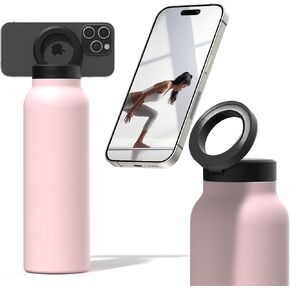 Ringo Insulated Water Bottle - Compatible MagSafe Water Bottle With Phone Holder - Stainless Steel Water Bottle With Magnetic Phone Tripod Mount - Hot 12H, Cold 24H, 360° Rotate - Black 24oz