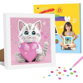 Genius maker Diamond Art Kits for Kids with Frame, Cat Diamond Art Kits Painting for Kids, Diamond Gem Art Gifts for Girls Boys Ages 4-8-12, Painting Arts and Crafts for Home Room Decor(7x7inch)